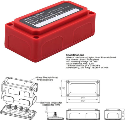 Barra bus energía 300A 4X 3/8 M10 12V 48V CC negro rojo