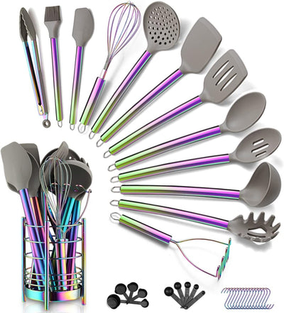 Set 38 Pzas Utensilios Silicona con Recipientes Mango Acero Inox
