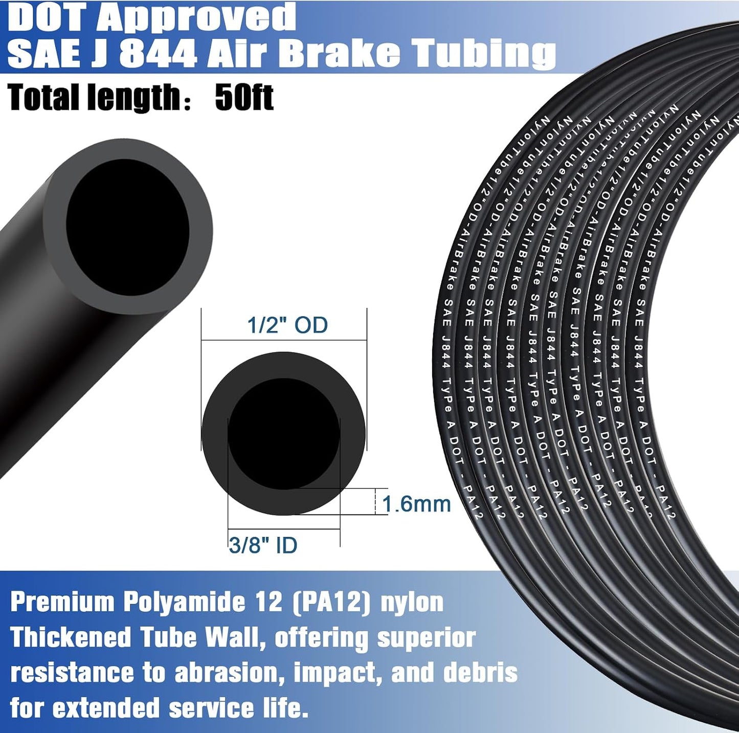 Tubo freno aire nailon 1/2pulg x50ft con cortador