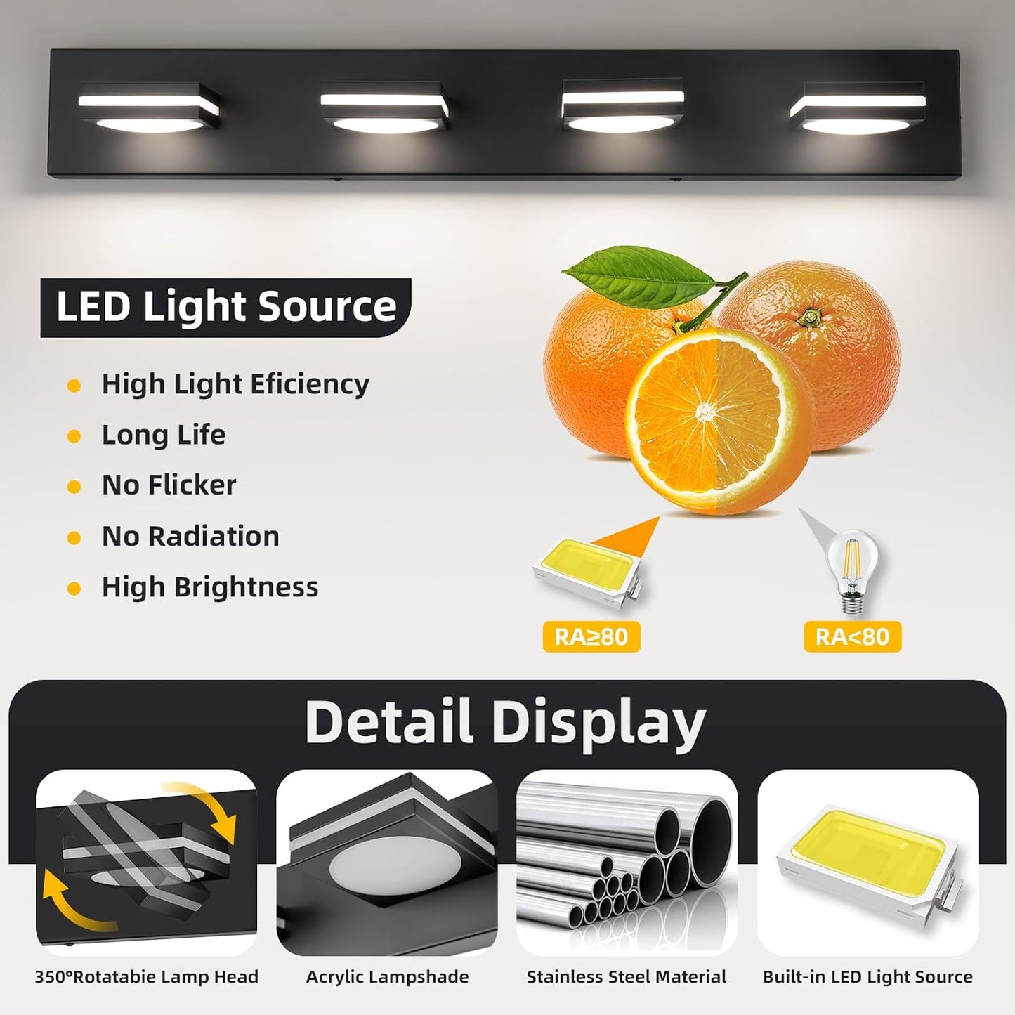 Accesorios iluminación baño LED 4 luces negro mate sobre