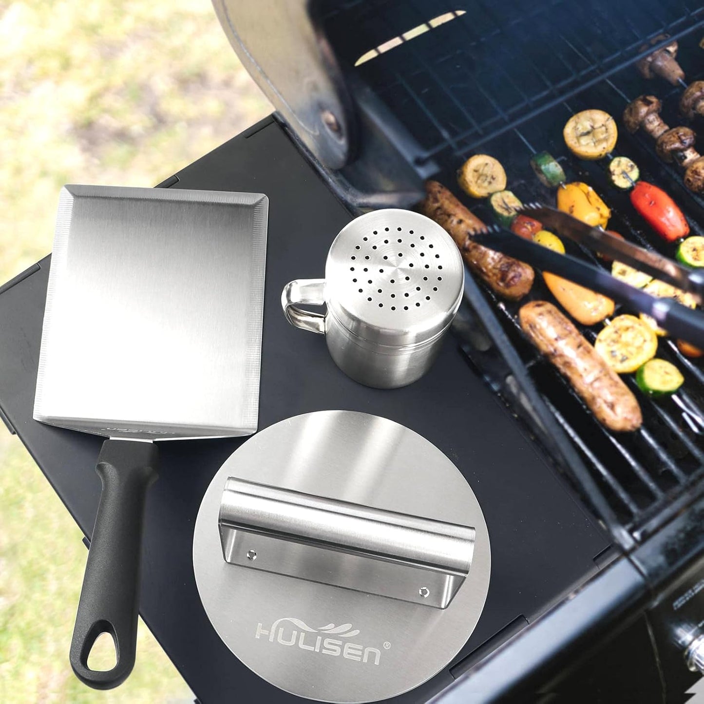 Kit prensa hamburguesas acero inox espátula y espolvoreador