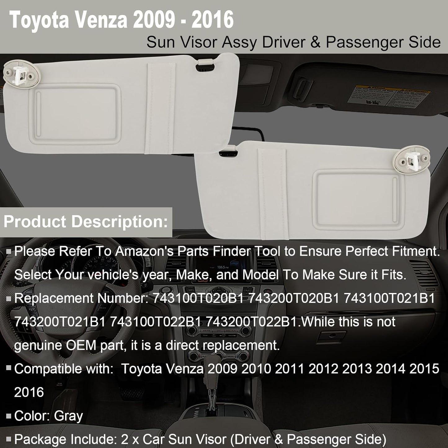 Visera reemplazo conductor y pasajero Toyota Venza 09-16