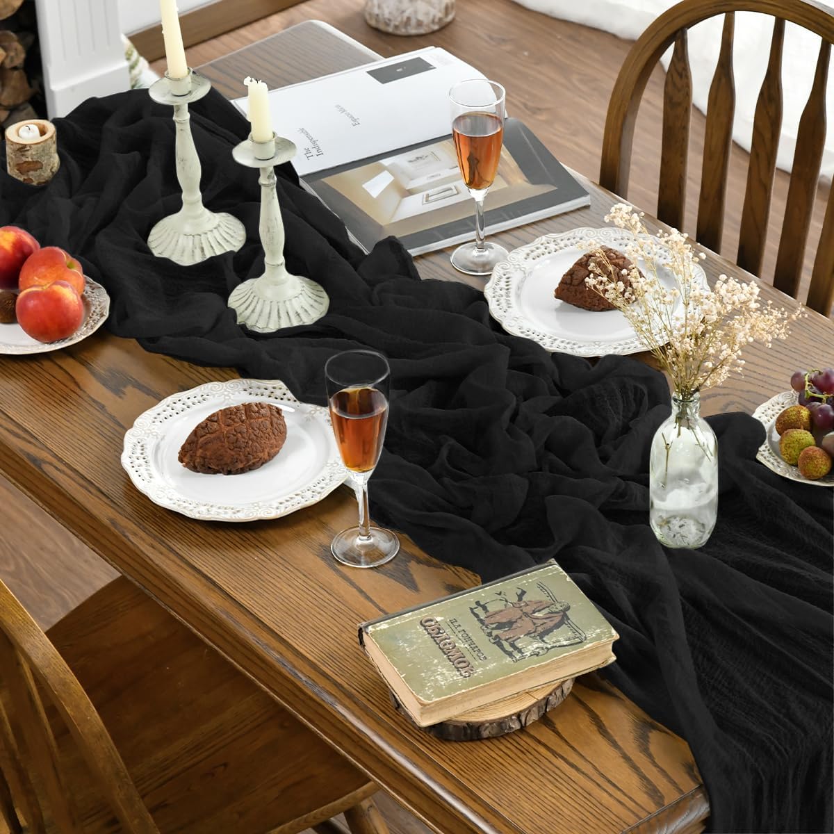 Mesa boda gasa bohemia negro 120pulg decoración