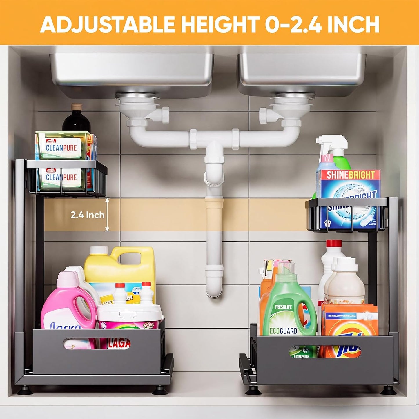 2 Organiz. fregadero 2 niveles acero inox ajustable 100lbs