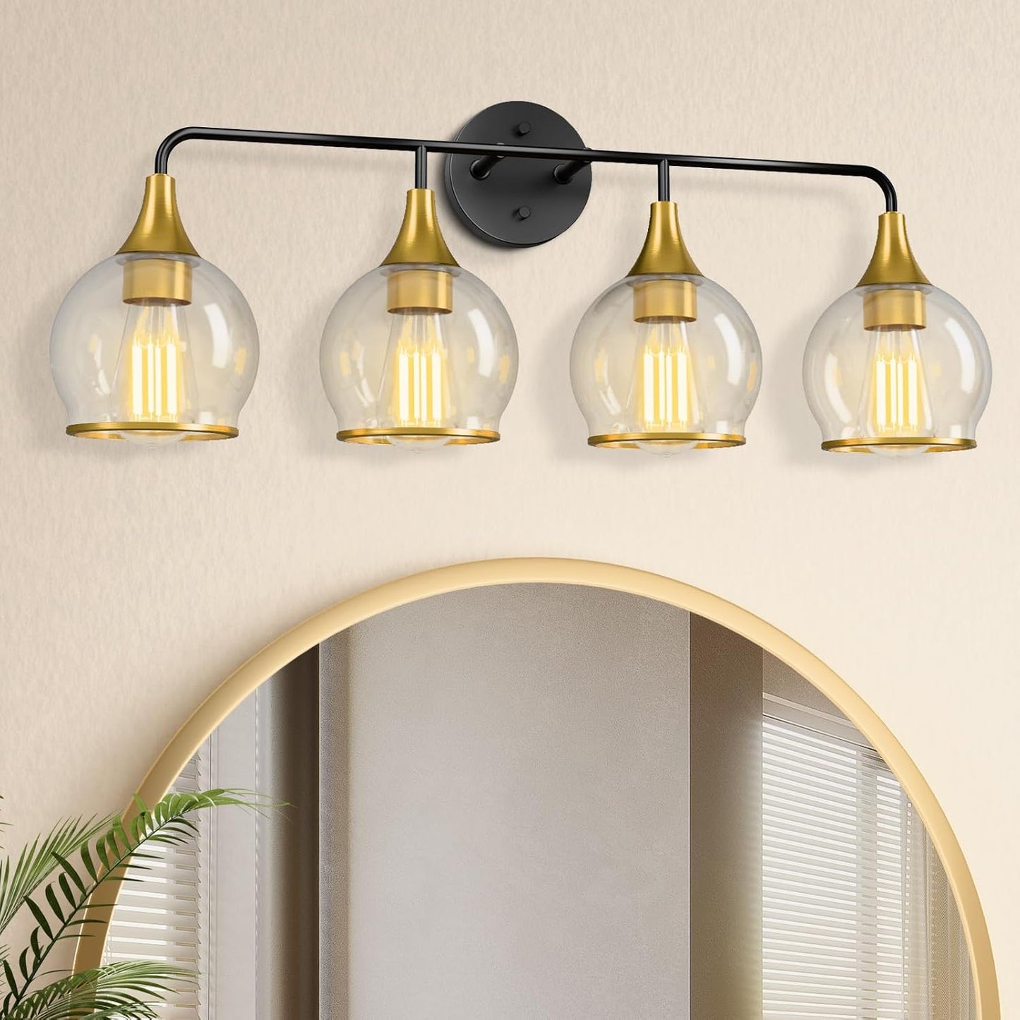 Lámpara baño 4 luces negro dorado vidrio sala pasillo