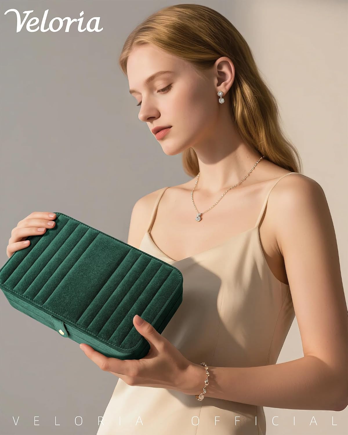 Estuche terciopelo joyas viaje 8 cierres presión verde