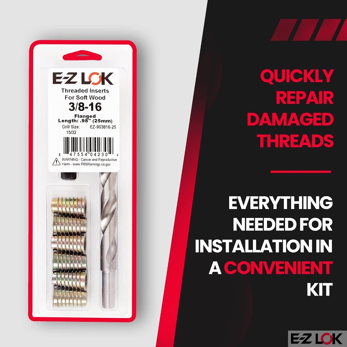 Kit reparación rosca hexagonal E-Z para madera blanda 3/8-16
