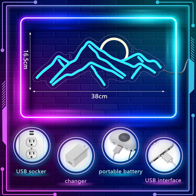 Letrero neón montañas luna USB decoración pared dormitorio