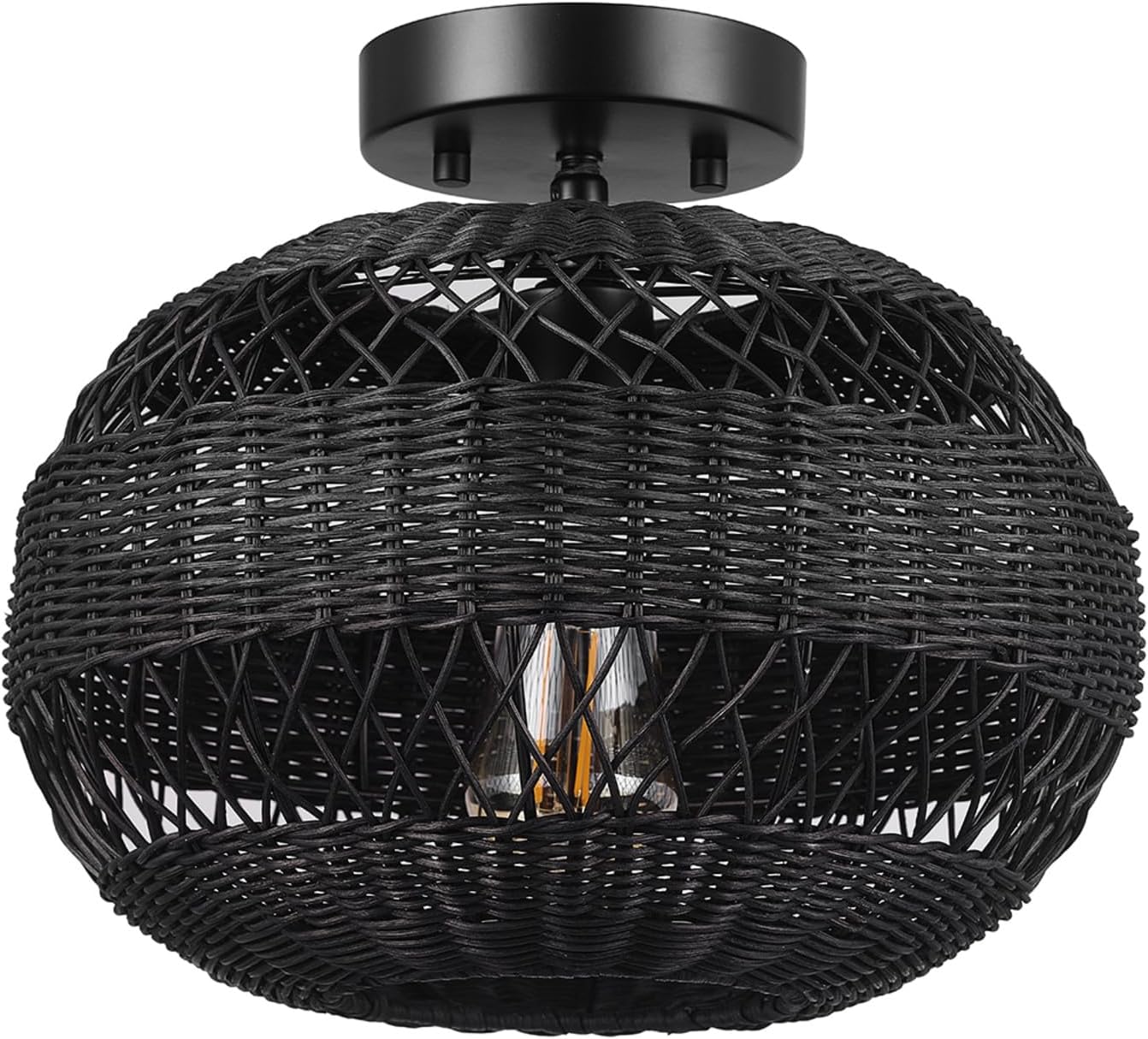 Lámpara techo 1 luz negro mate pantalla ratán dormitorio