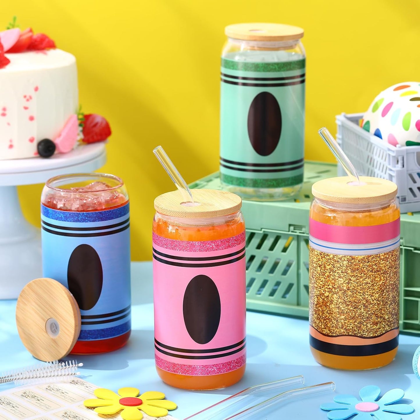 Set 4 vasos vidrio 16oz con tapas y pajitas para regalos