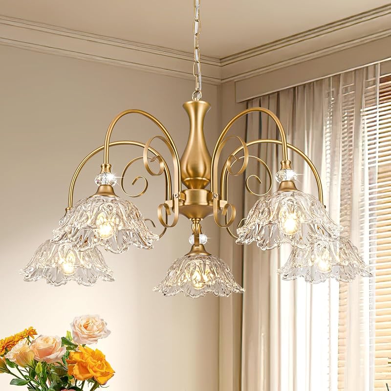 Candelabro vintage 5 luces latón mate pantallas cristal