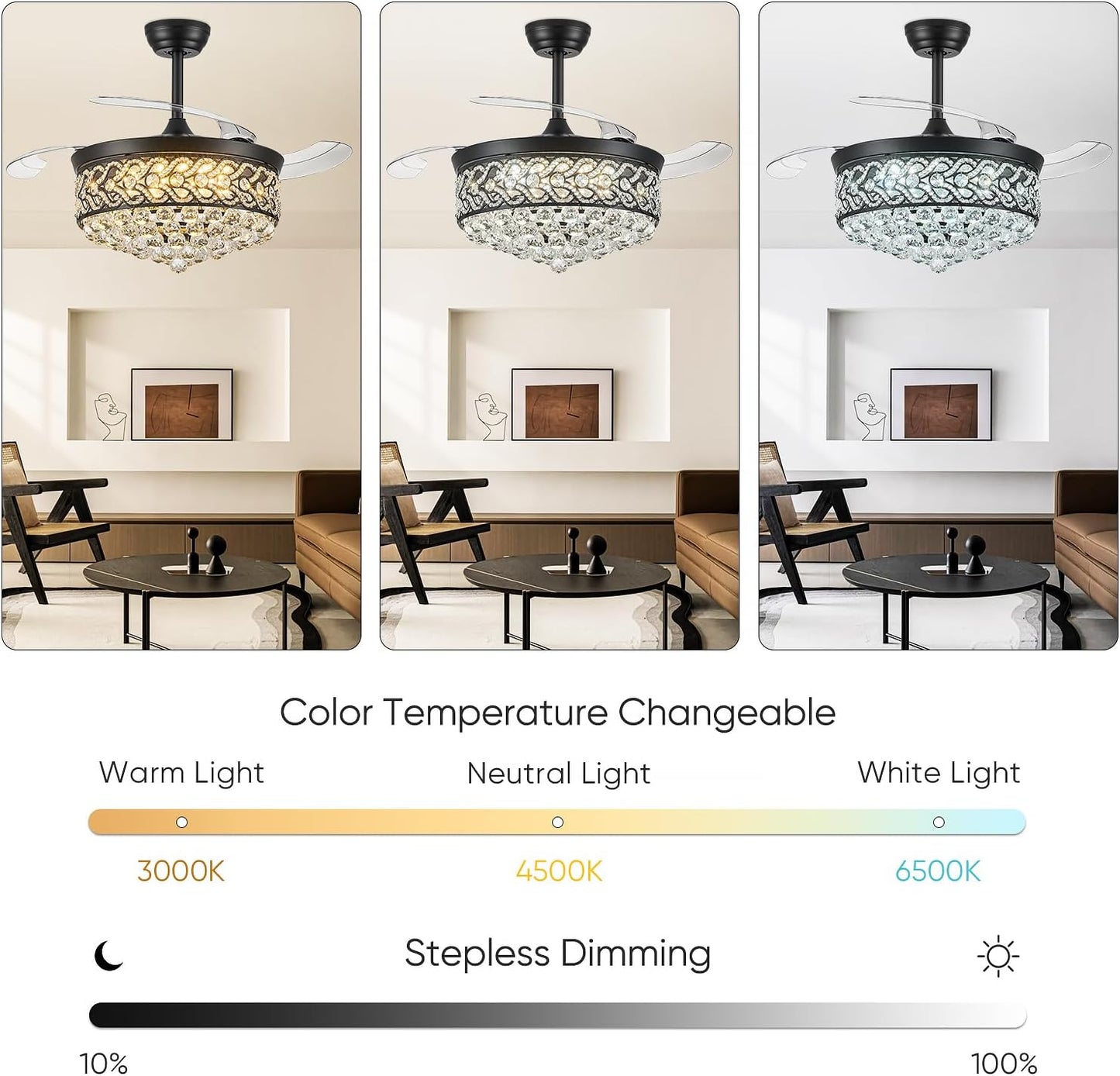 Ventilador techo cristal con luz led 42pulg retráctil