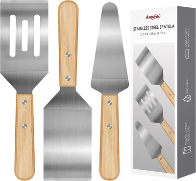 Set 3 Espátulas Acero Inox Mango Madera para Sartén Hierro Fundido