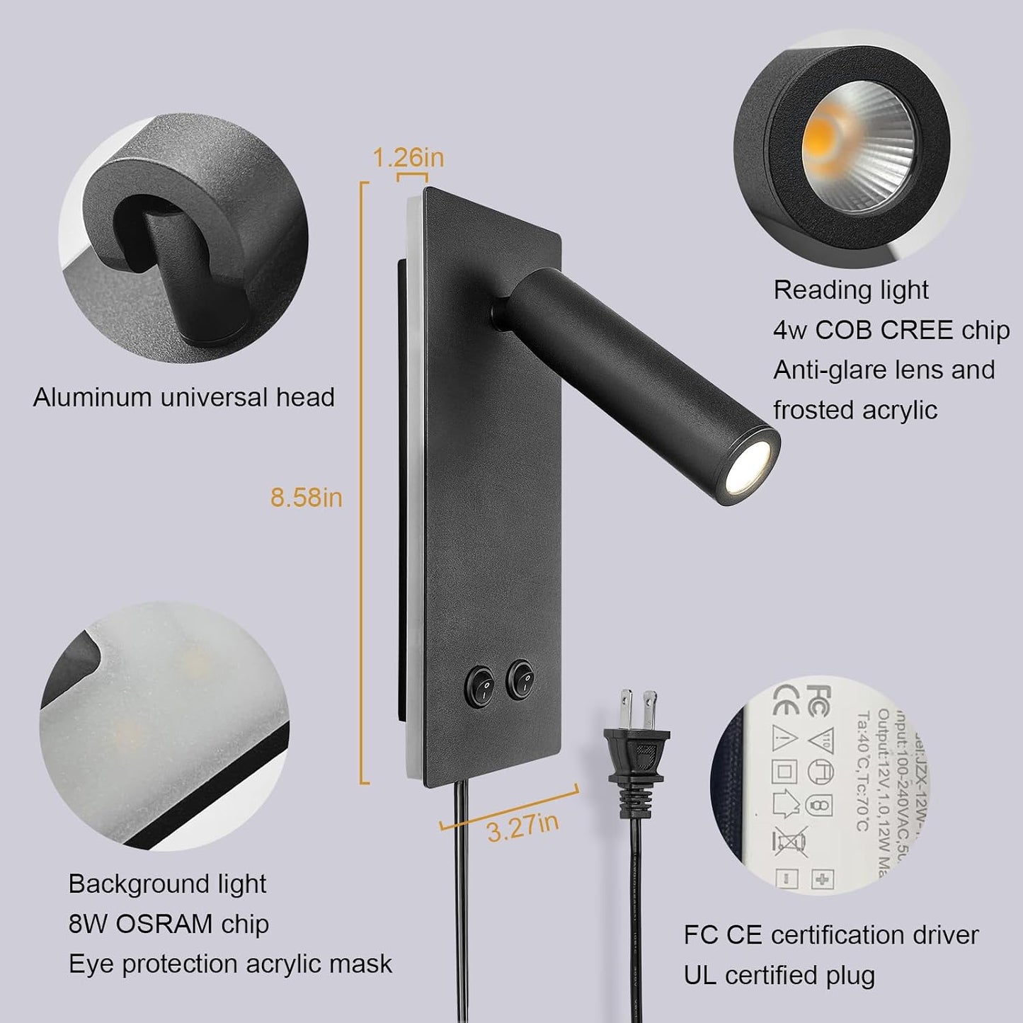 Aplique LED luz dormitorio 2en1 enchufable 4W8W arena
