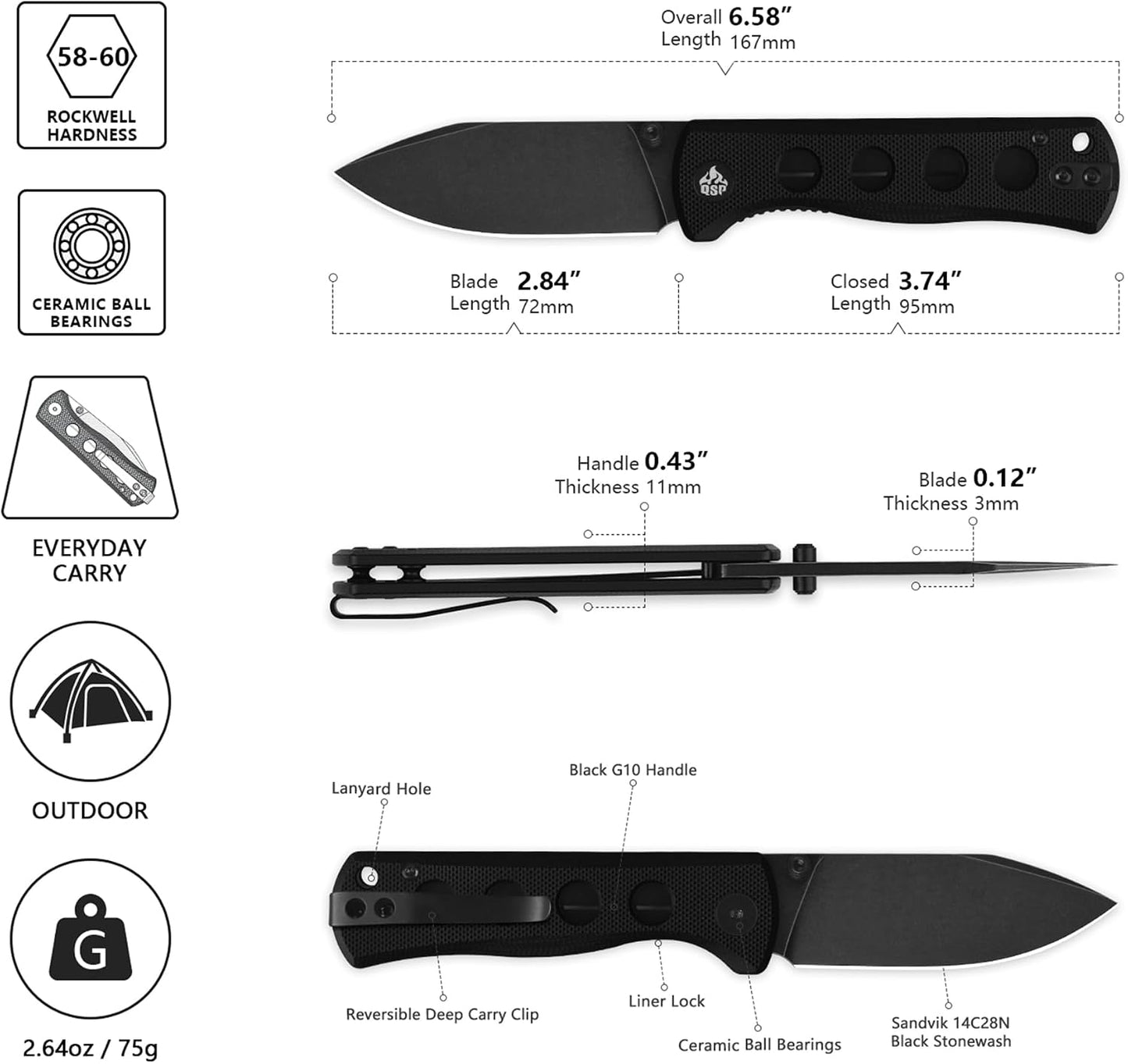 Cuchillo plegable bolsillo 7.21cm Sandvik 14c28n negro G10