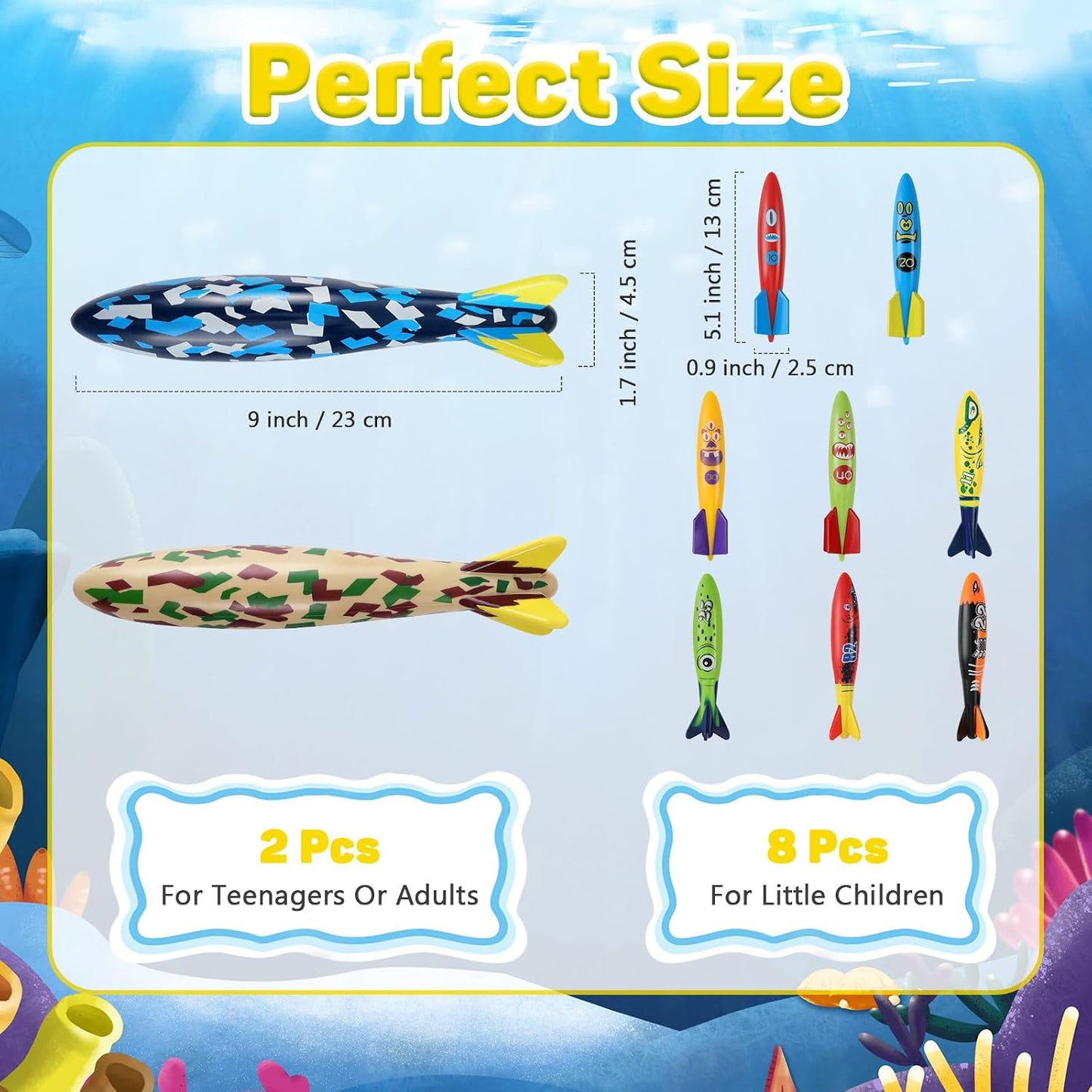 10 Torpedos para Piscina Cohetes Buceo 9x5.1" Set Agua