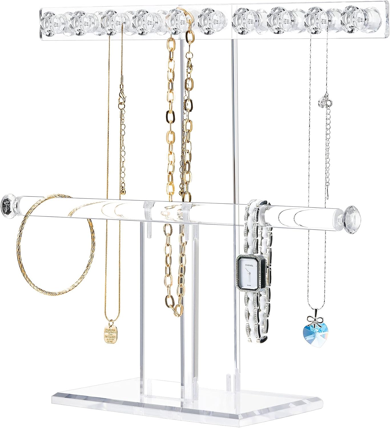 Soporte acrílico 2 niveles con 18 ganchos diamante
