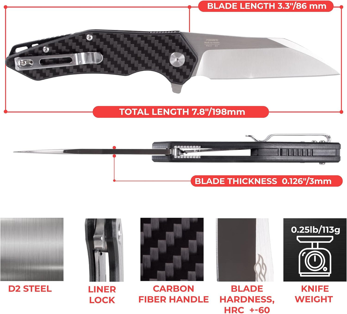 Cuchillo plegable D2 acero fibra carbono clip camping