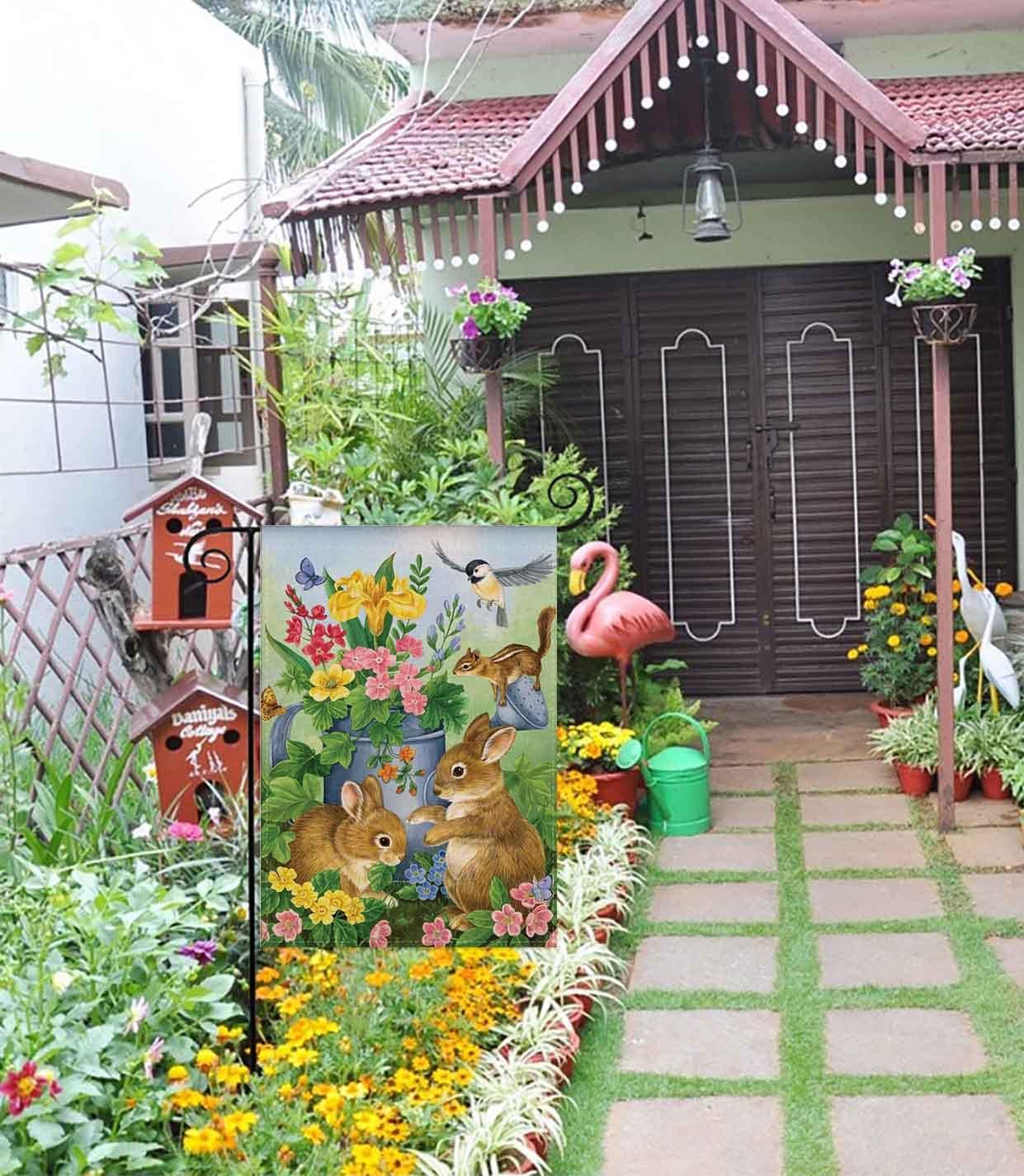 Bandera jardín doble cara conejo pájaro primavera