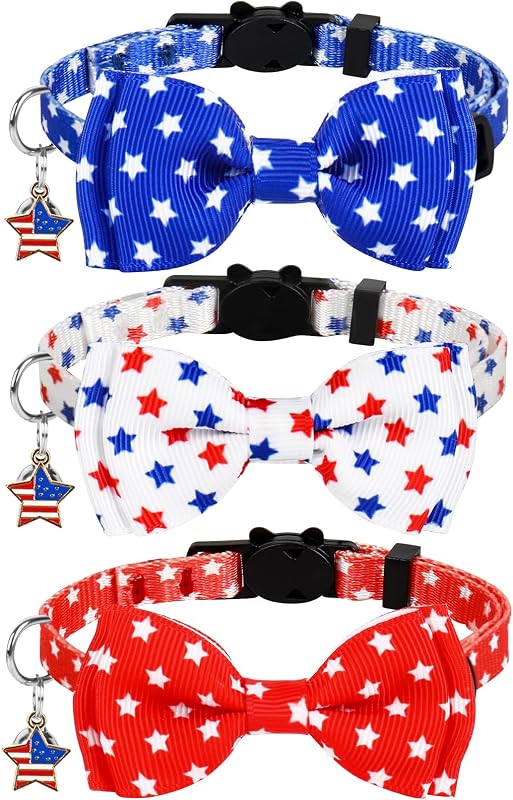 3 Collares Patrióticos Gato Bandera USA Ajustables