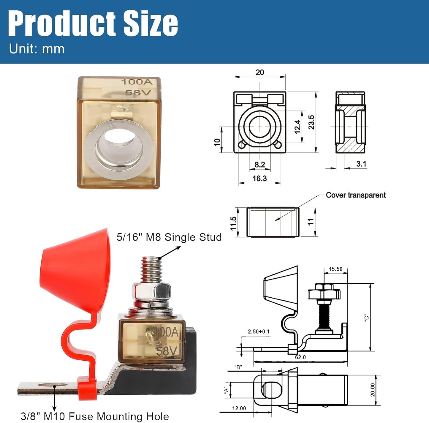 Bloque fusible 58V 100A perno 5/16" tapa impermeable
