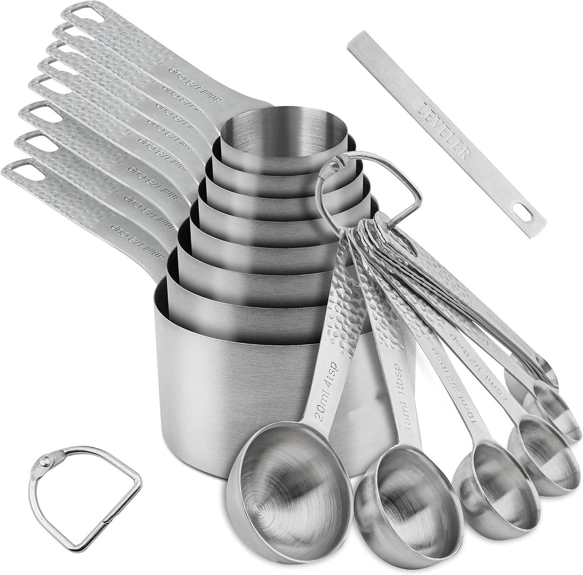 Juego 18 tazas y cucharas acero inox 18/8 para seco y líquido