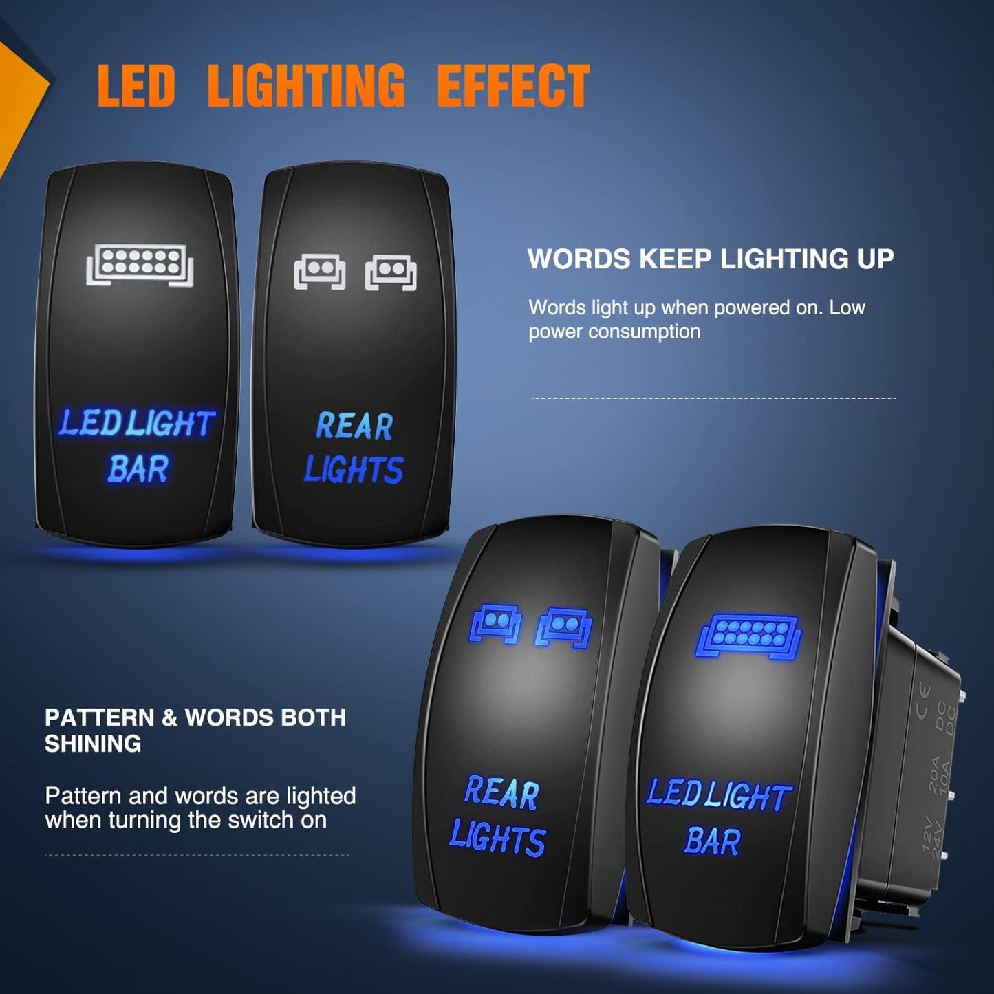 2 Pack interruptores basculantes LED 12V 24V azul con cables