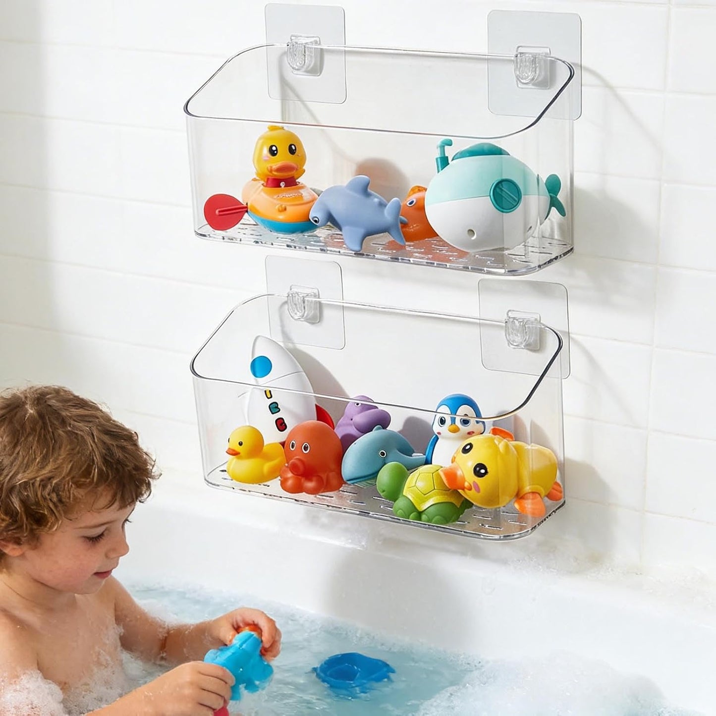 Organiz. juguetes baño pared estantes sin taladro