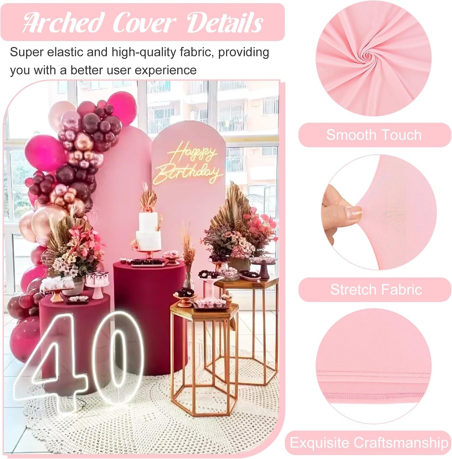 Soporte arco metal y telón elastano rosa para bodas