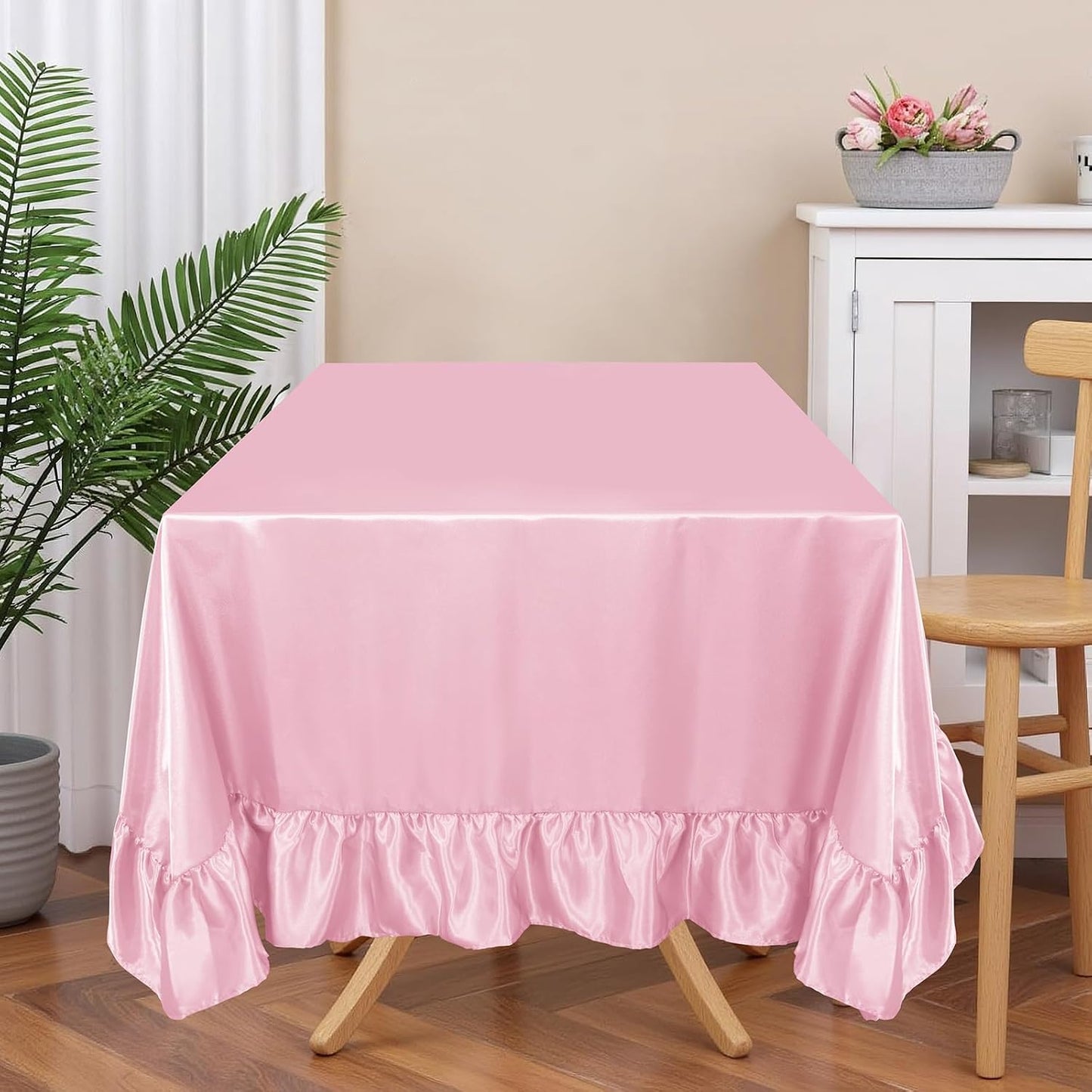 Mantel satén rosa claro 52x70pulg volantes para bodas y comedor