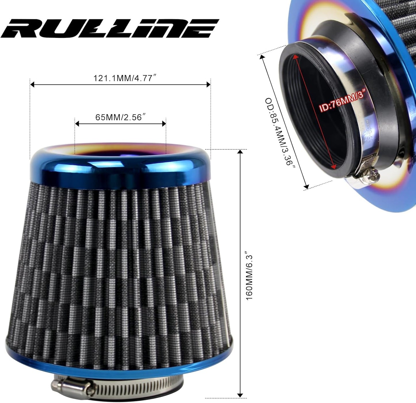 Filtro aire cono redondo 3" flujo alto azul estilo carbón