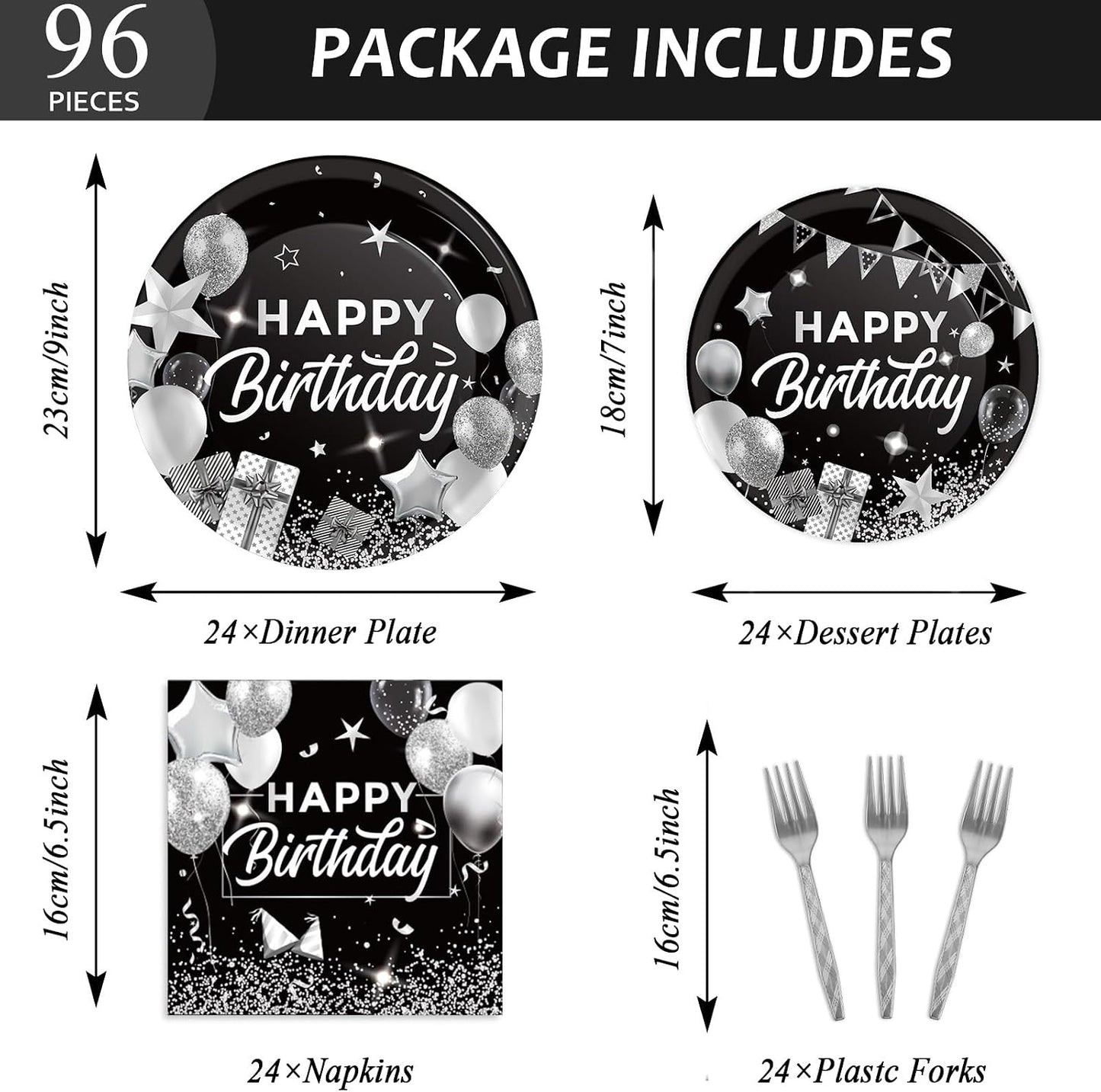 Juego 96 Pzas Decoración Cumpleaños Negro Blanco Plateado
