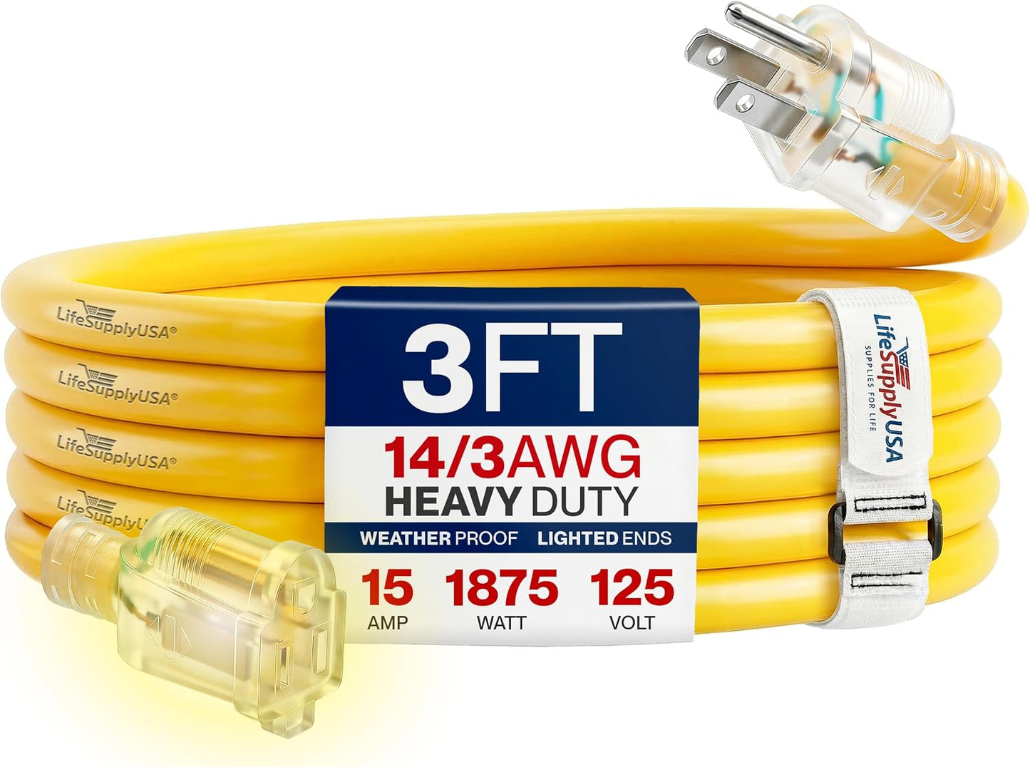 Cable extensión 3 pies 14/3 SJTW impermeable 15A 125V amarillo