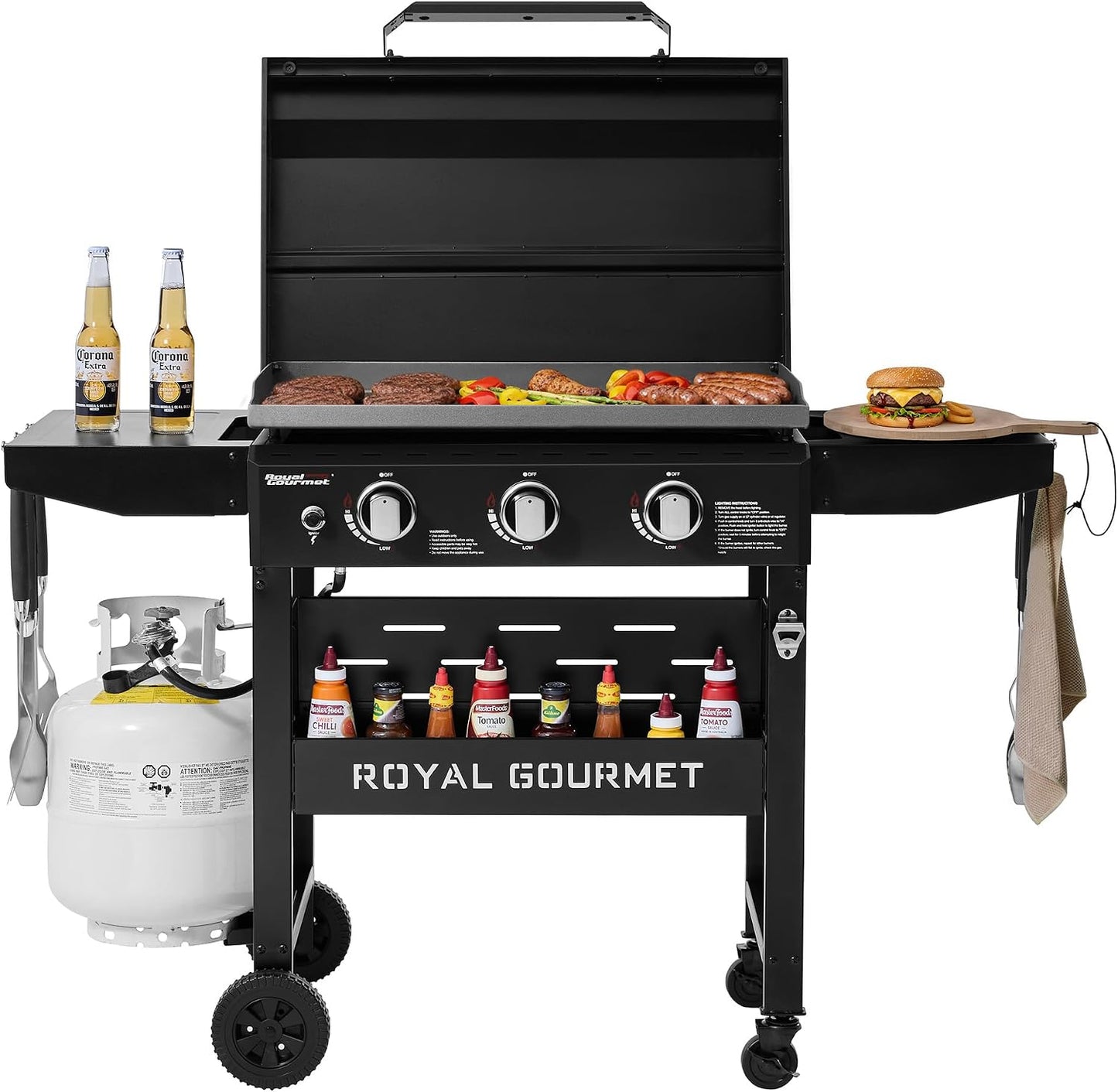 Plancha gas 3 quemadores capucha 39000 BTU 492pulg2 negro