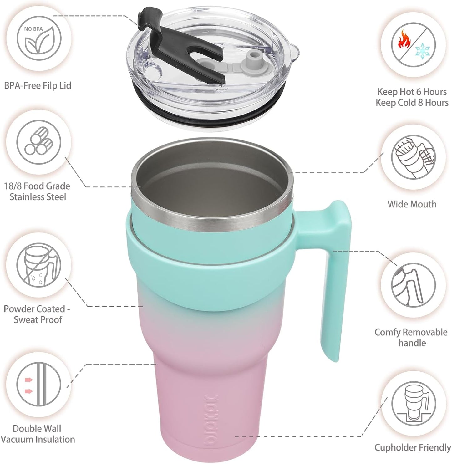 Vaso acero inox 40oz con asa pajita térmico sin BPA