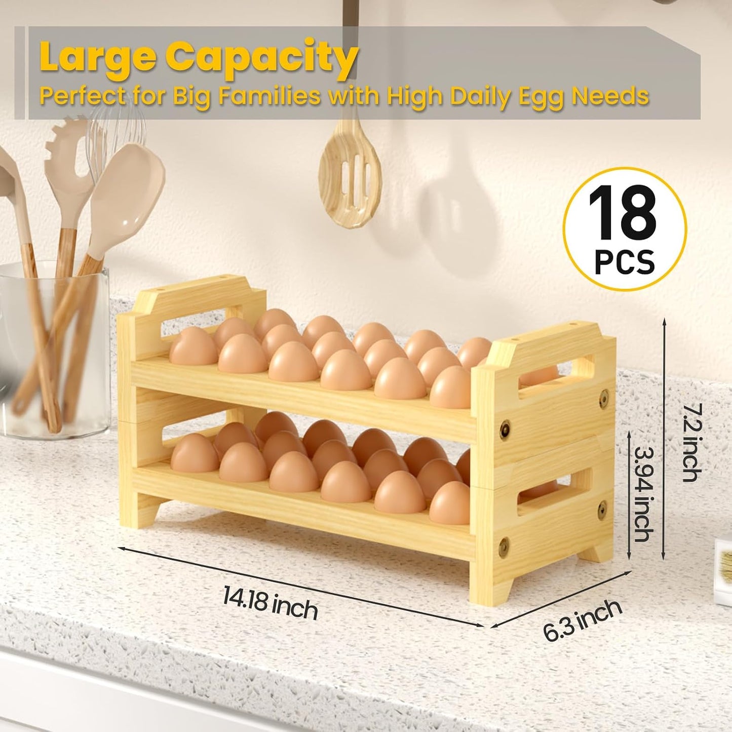 Soporte huevos madera 2 niveles 36 huevos asa cocina