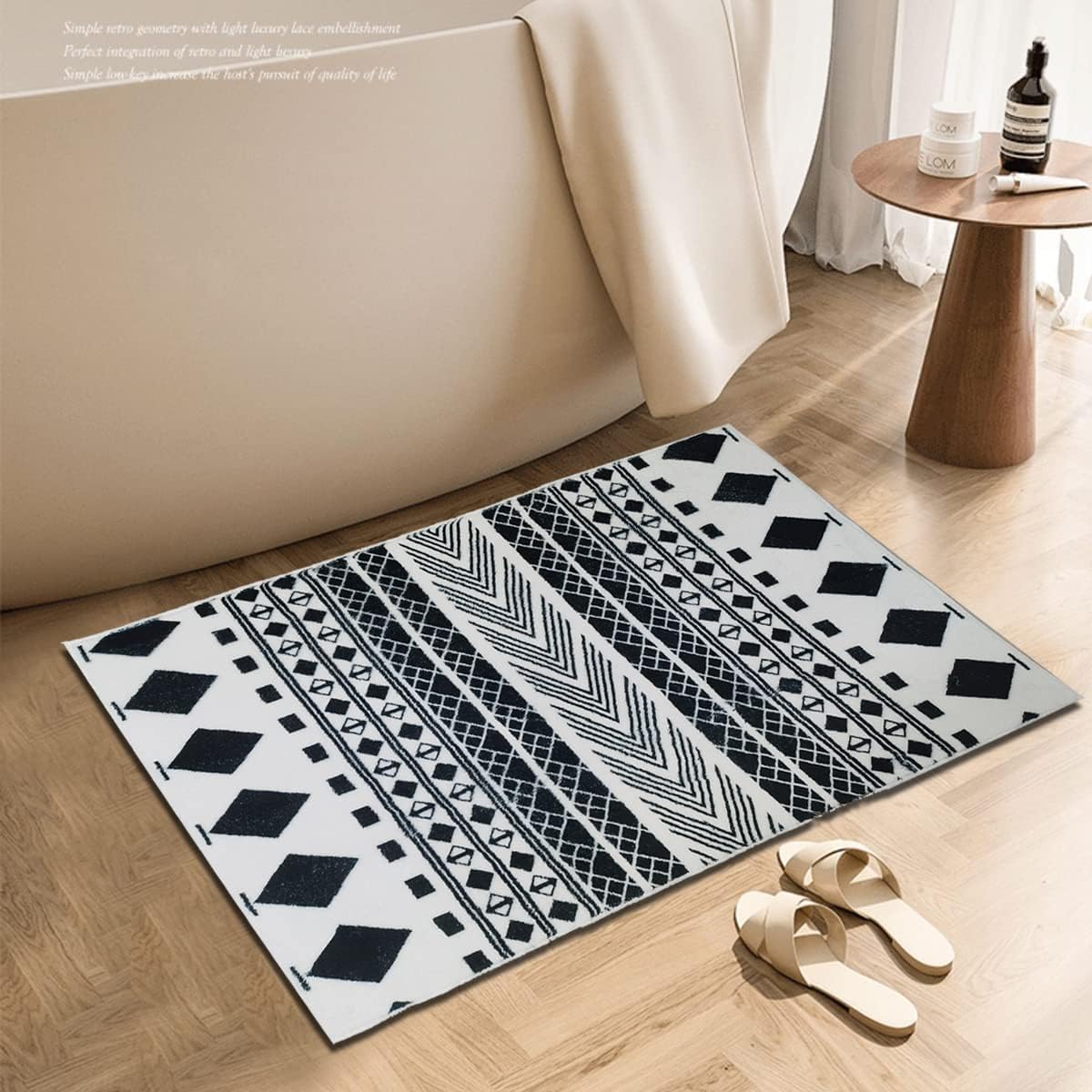 Alfombra geométrica bohemia 2x3ft antiderrap blanco y negro