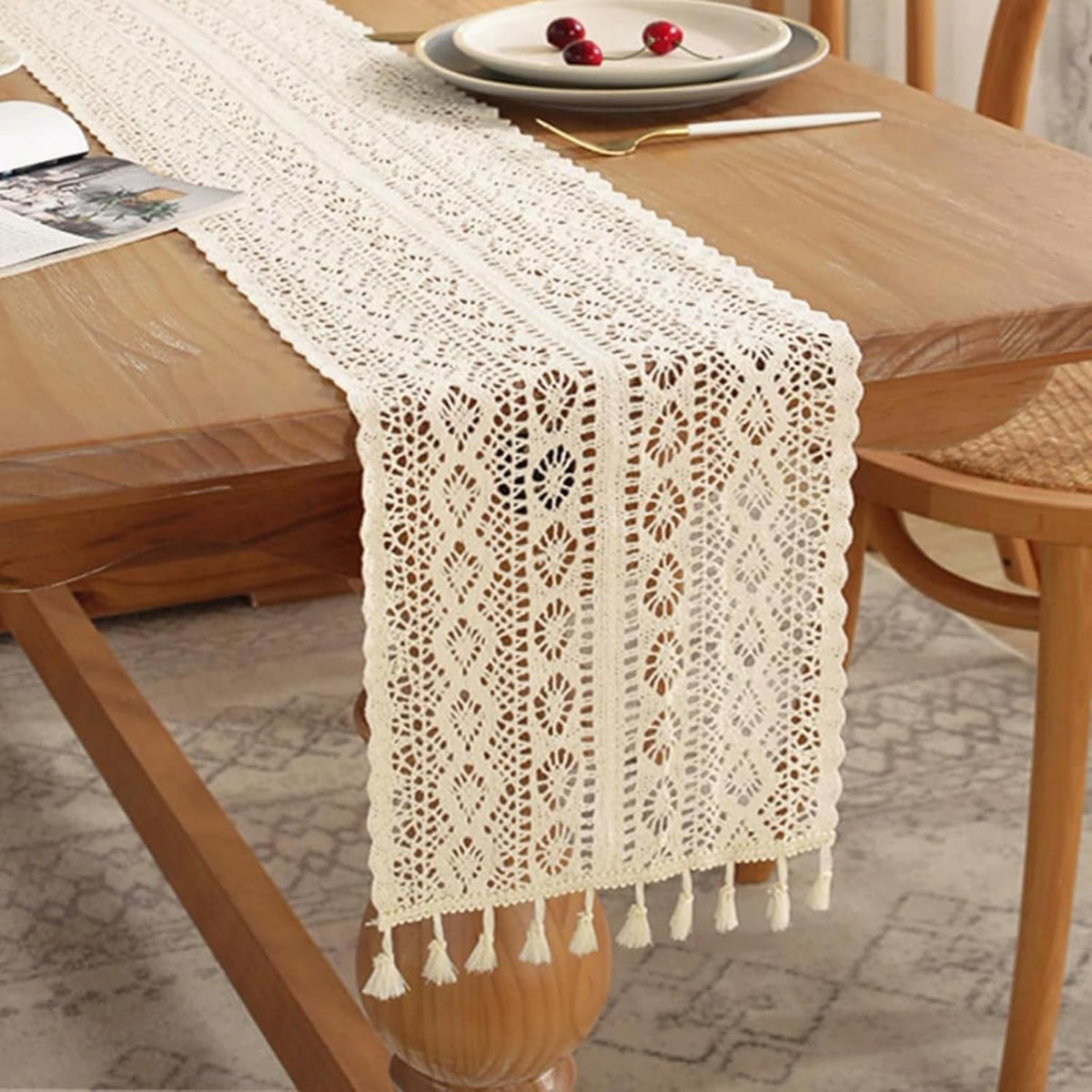 Camino mesa bohemio macramé algodón 72pulg vintage