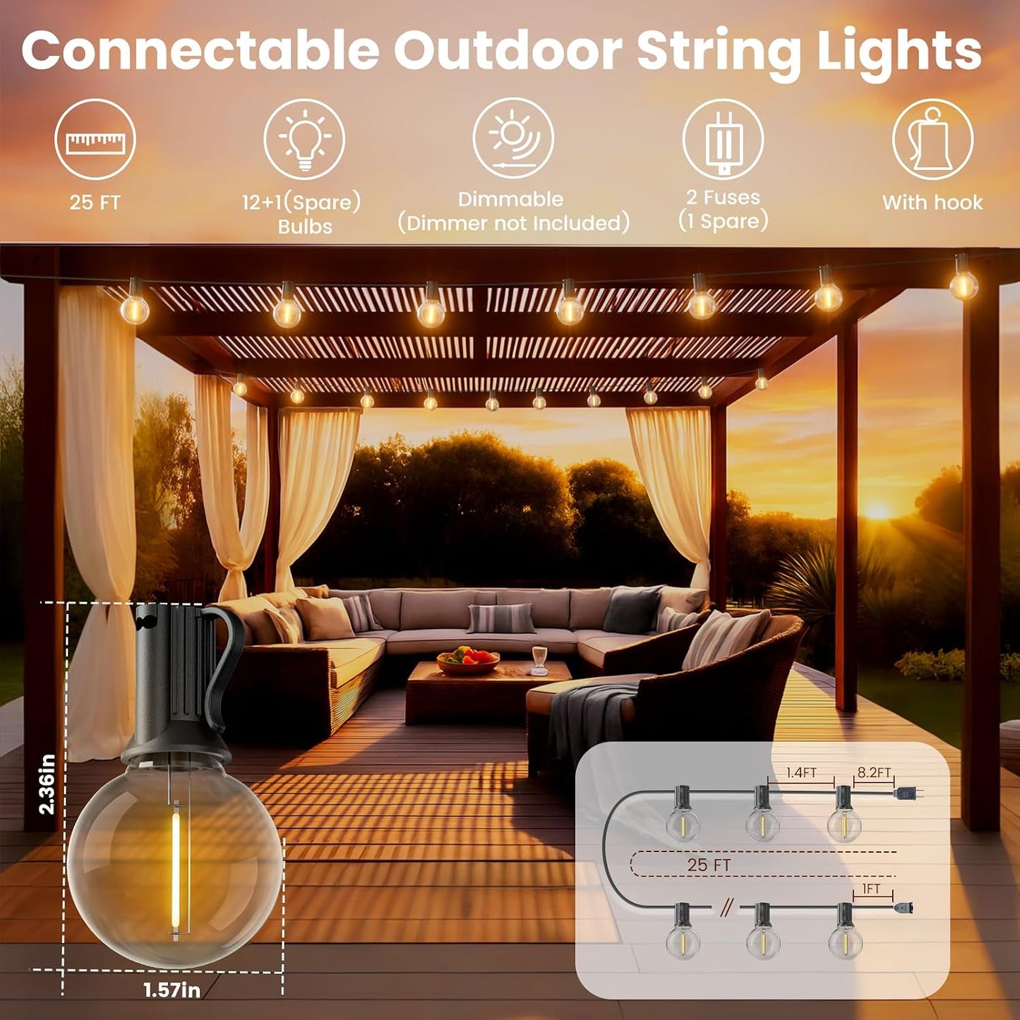 Guirnalda LED G40 exteriores 25ft 13 bombillas impermeable