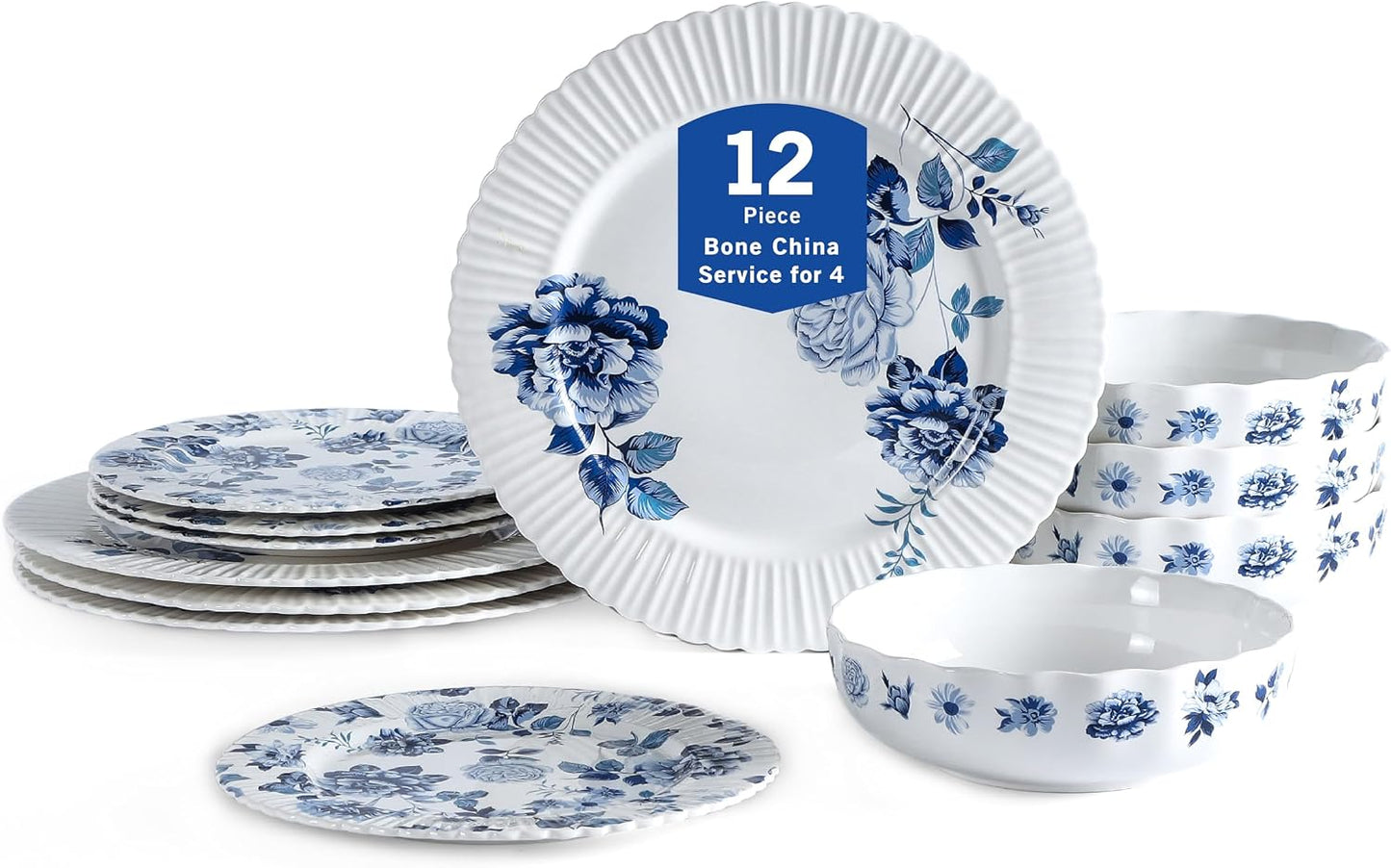 Set 12 Pzas Vajilla New Bone China Azul
