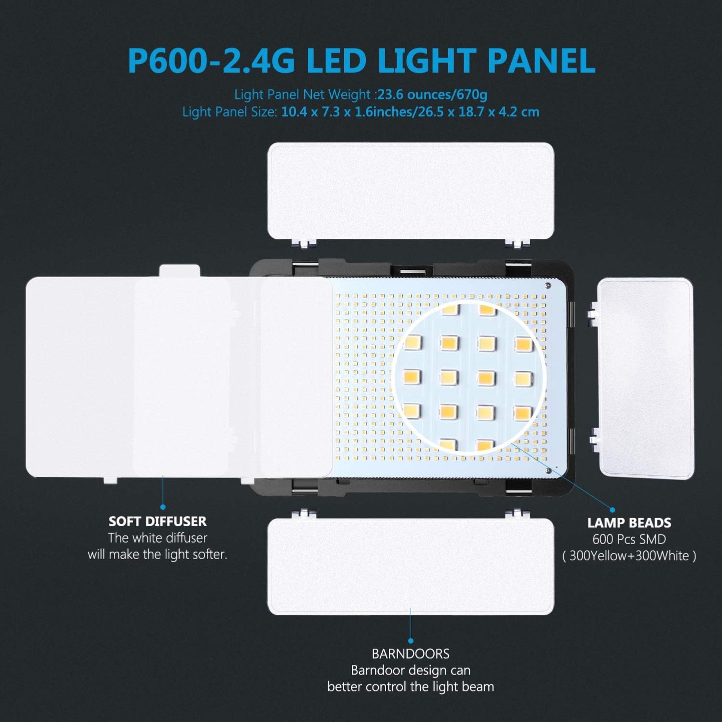Kit 2 luces LED 2.4G 600 SMD CRI 96 soporte 6.6ft estudio