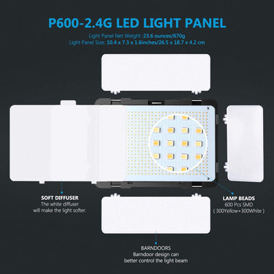 Kit 2 luces LED 2.4G 600 SMD CRI 96 soporte 6.6ft estudio