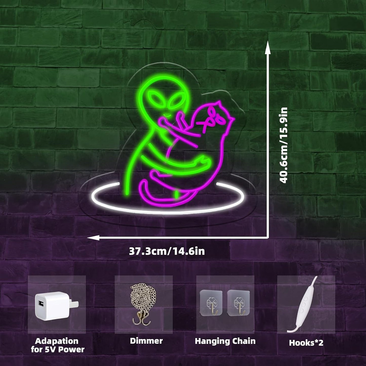 Letrero neón gato alienígena led verde y morado