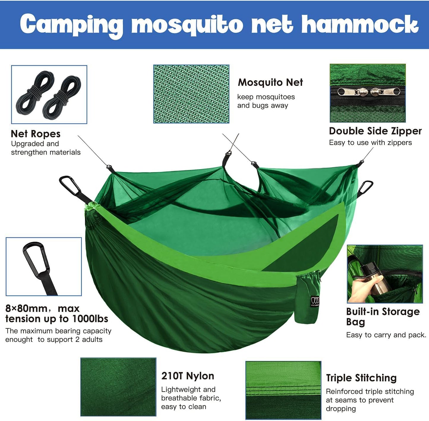 Hamaca doble con red insectos para camping exterior verde
