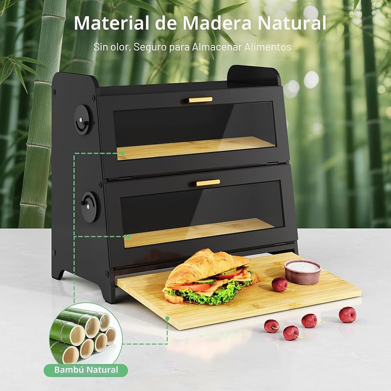 Recipiente pan encimera cocina tabla bambú ajustable negro