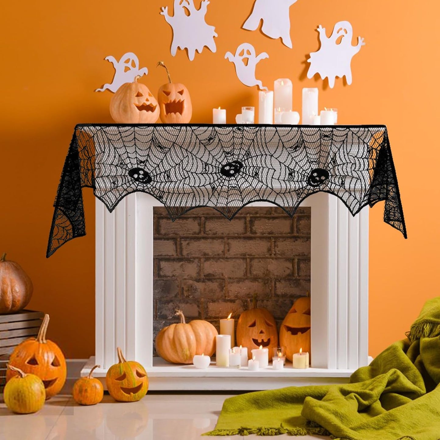 Bufanda Halloween mesa chimenea encaje negro