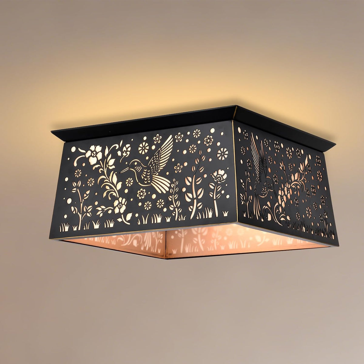 Lámpara techo cuadrada metal 2 luces negro rústico