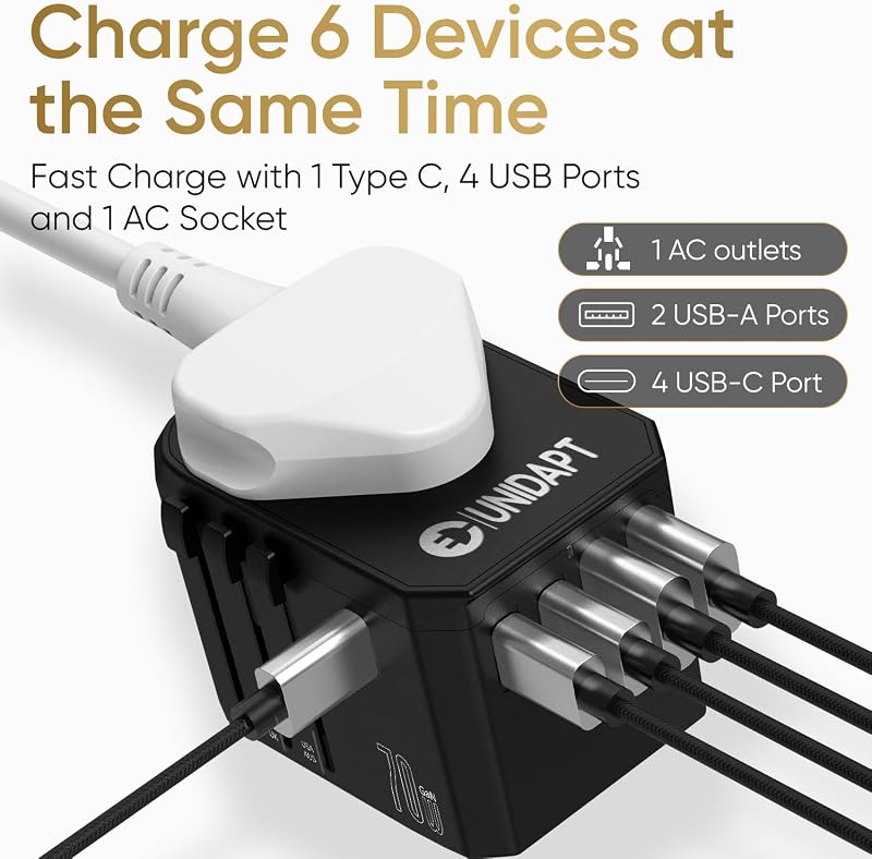 Adaptador viaje universal 70W con 3 USB-C PD y 2 USB-A