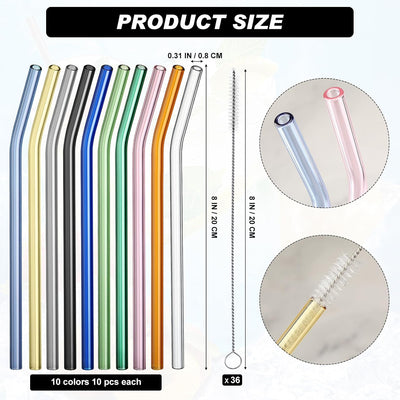 100 Pzas Pajitas Vidrio Reutilizables 8pulg Curvadas con Cepillo