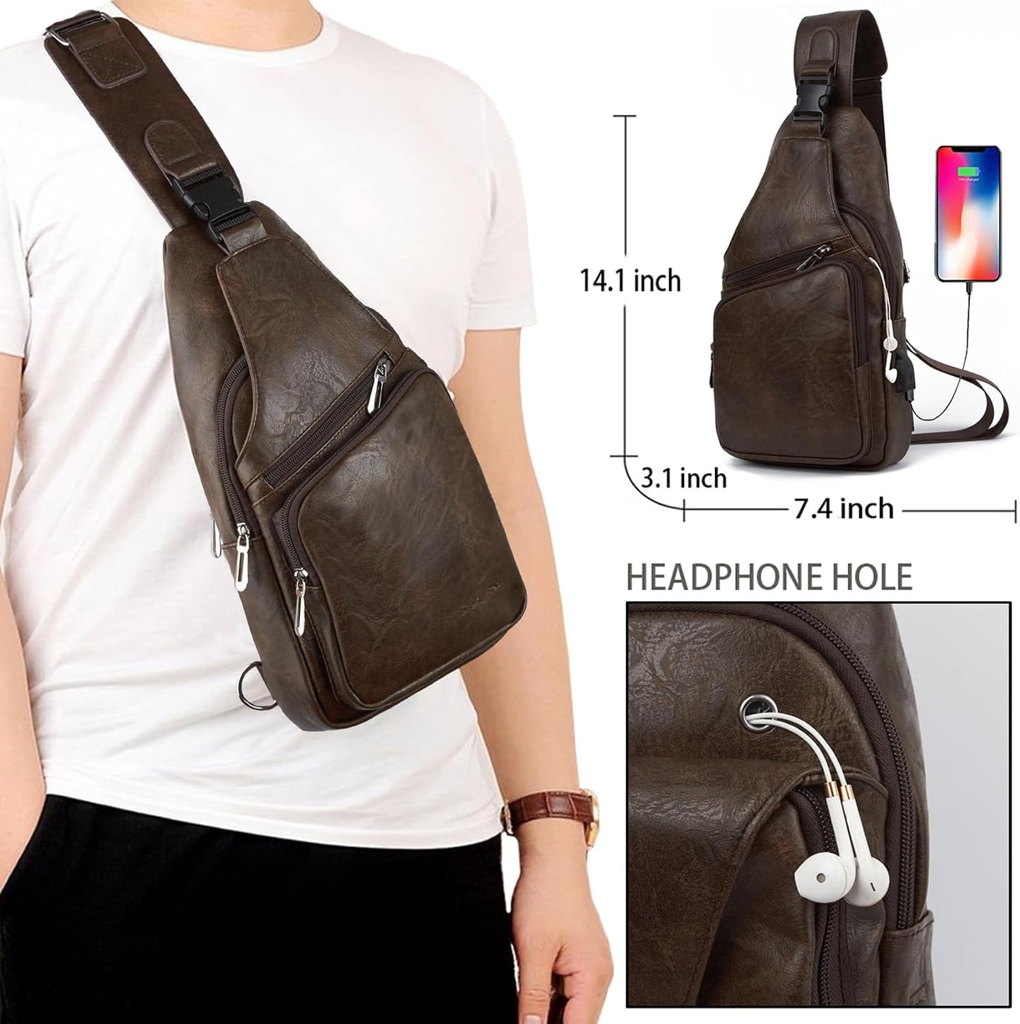 Bolso bandolera cuero hombre impermeable con USB Café Oscuro